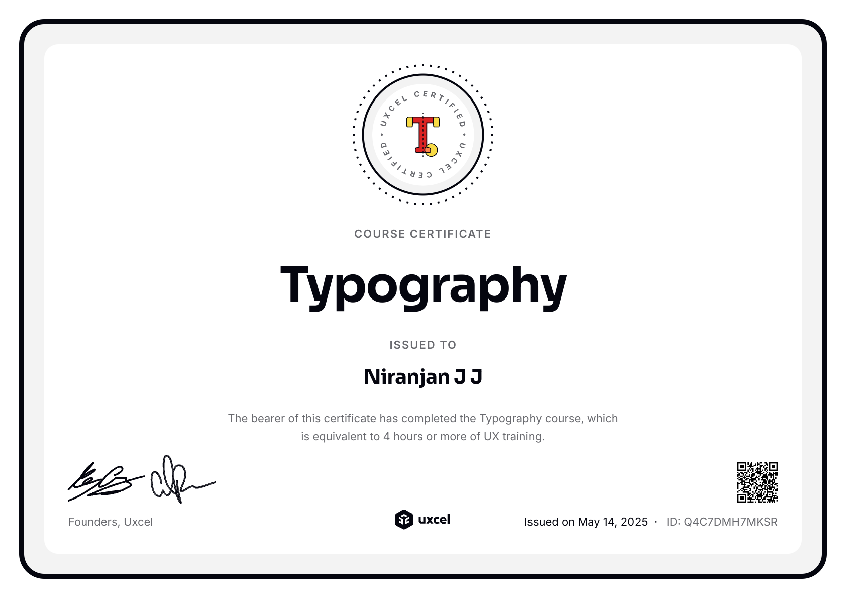 Niranjan J J's certificate